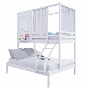 Imagem de Beliche Casinha Casal/Solteiro Cortina Madeira Branco - Housin