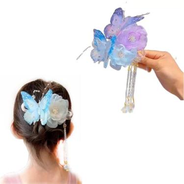 Imagem de iRIIRIO 2 peças de grampos de cabelo bonitos com borboletas, flores e borlas com contas, laços florais, clipes de bico de pato, acessórios de cabelo de fada para meninas (azul + roxo)