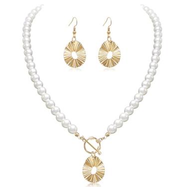 Imagem de Cryshimmer Colar gargantilha de pérolas para mulheres, contas de pérolas falsas, conjunto de brincos, bijuterias, presentes de dia dos namorados para ela/esposa/mãe/namorada, 18 inches, Vidro Latão