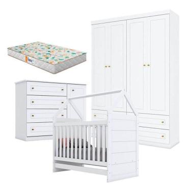 Imagem de Quarto De Bebê Americano 4 Portas Branco Com Colchão Gazin - Henn