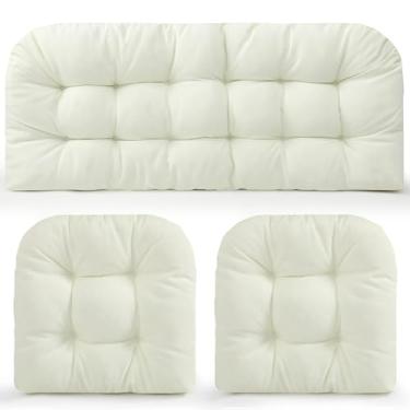 Imagem de Barydat Pacote com 3 almofadas de vime à prova d'água para cadeira de vime adornado para ambientes externos/internos, 1 sofá e 2 cadeiras de vime em forma de U para móveis de pátio, assento de amor de