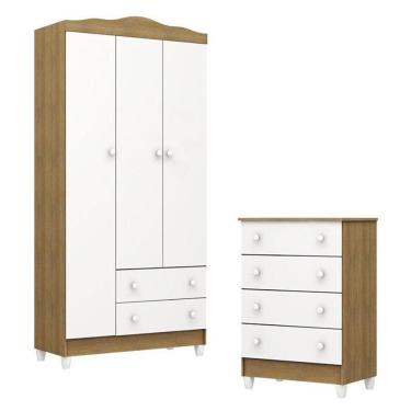 Imagem de Cômoda Gaveteiro E Guarda Roupa Mel Flat Branco Acetinado Amadeirado - Carolina