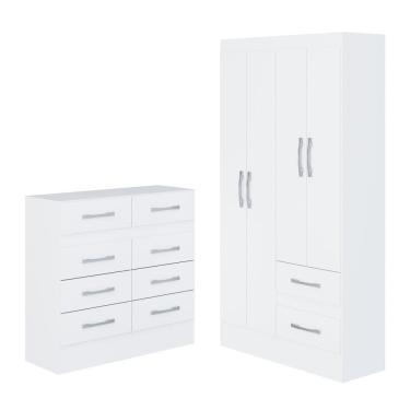 Imagem de Quarto Infantil com Cômoda 8 Gavetas e Guarda-Roupa 4 Portas e 2 Gavetas Ninho Branco