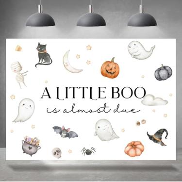 Imagem de Rsuuinu Pano de fundo para chá de bebê de Halloween A Little Boo is Almost Due Ghost Pumpkin Bat Spider Photography Background Baby Shower Party Supplies Banner Photo Booth Studio Props 2,1 x 1,5 m