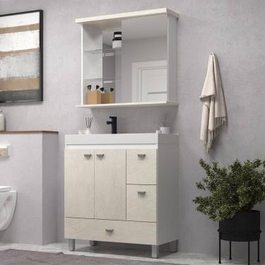 Imagem de Gabinete de Banheiro 80cm com Cuba e Espelheira Branco/Arenito