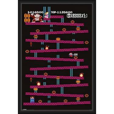 Imagem de BUY ART FOR LESS Tela de mapa do jogo Donkey Kong oficialmente licenciada - Pôster artístico emoldurado - 61 x 91 cm - Moldura de madeira projetada resistente com vidro plexi - Pronto para pendurar