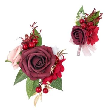 Imagem de HOVEOX Conjunto de 2 peças de corpete e flor na lapela de pulso e boutonniere masculino para casamento, acessórios de flores, decoração de terno de festa (vermelho)