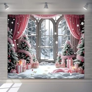 Imagem de Faixa de fundo rosa de Natal, decoração de vinil de 3 x 2,4 m, para fotografia, palácio, janela, floco de neve, árvore de Natal, caixa de presente, fundo de princesa, meninas, crianças, adultos