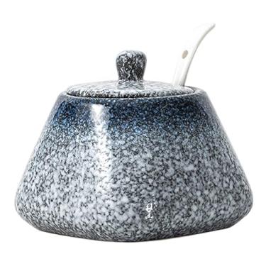 Imagem de Açucareiro com tampa e colher, recipiente de açúcar de cerâmica de 430 ml, pote de sal antiderrapante estilo japonês para balcão de cozinha, cafeteria, recipiente