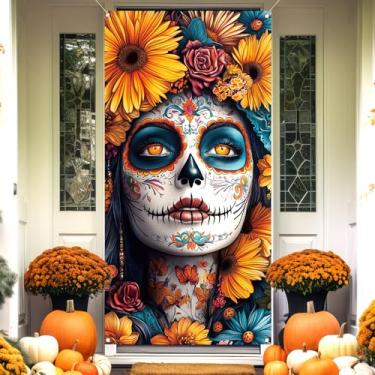 Imagem de Pudodo Dia dos Mortos Capa de porta mexicana crânio de açúcar calêndula Día De Los Muertos decoração Halloween Altar porta da frente banner fotografia decoração