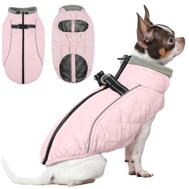Imagem de QBLEEV Casaco de cachorro pequeno, jaquetas para cães pequenos, colete de inverno quente à prova d'água para clima frio com arnês embutido, macacão de neve refletivo à prova de vento para cachorros