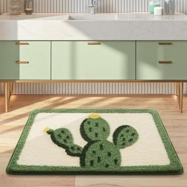 Imagem de Capacho de cacto verde com flores amarelas, tapete de banho macio antiderrapante com fundo bege, tapete felpudo de microfibra ultra absorvente, tapete de secagem rápida para banheiro, quarto, 50 x 78