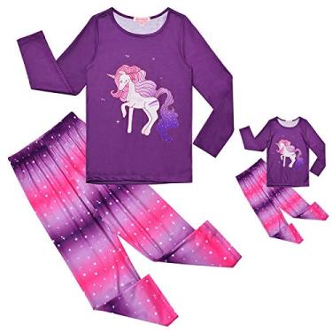 Imagem de Conjunto de pijama infantil Qpancy combinando para meninas e bonecas, pijamas de outono, inverno, roupas de boneca American Girl de 46 cm, Unicorn Purple, 10-11 Years