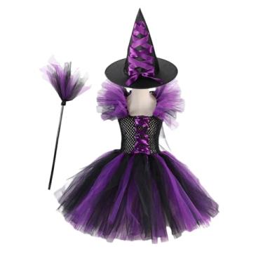 Imagem de MOLFROA Conjunto de vestido tutu feito à mão para meninas para Halloween com vassoura de bruxa e chapéu de bruxa (roxo, 4-5 anos)