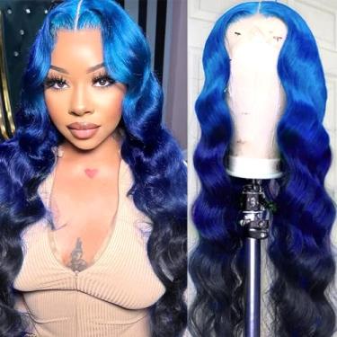 Imagem de IHEREIN Peruca frontal de renda azul ombré de 76 cm, cabelo humano, 3 tons, ombré, azul royal, perucas frontais pré-arrancadas, ondulação corporal, HD, peruca frontal de renda azul claro a azul escuro