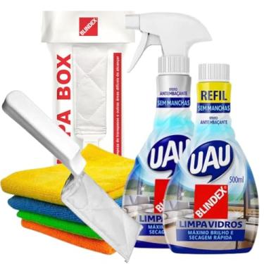 Imagem de Kit Limpa Vidro UAU Gatilho 500ml + Refil Limpa Vidro 500ml + Espátula Transpasse + 4 Panos Multiuso 35x35cm