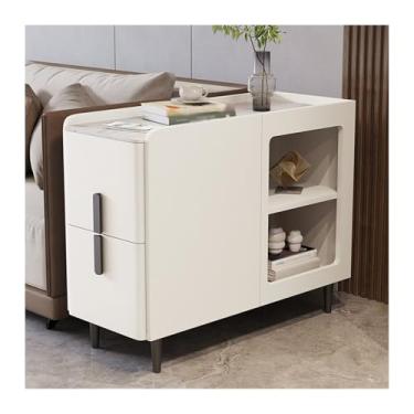 Imagem de YANIR-137 Mesa lateral de sofá, sala de estar, sofá, laje de pedra, aparador, laca, couro, fenda superestreita, mesa de canto móvel, armário de armazenamento criativo (azul claro)