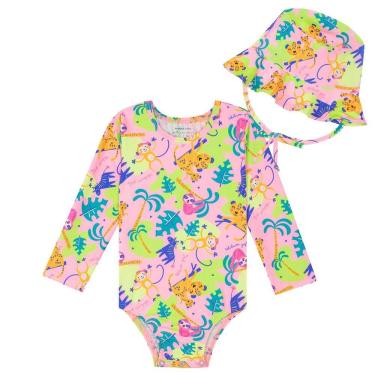 Imagem de Maiô Manga Longa Bebê com Chapéu Proteção UV50+ Safari Rosa Kamylus