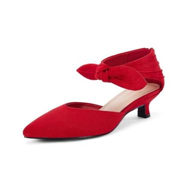 Imagem de Coutgo Sapato social feminino de salto baixo, bico fino, laço e tira no tornozelo, D'Orsay com zíper, Vermelho, 40
