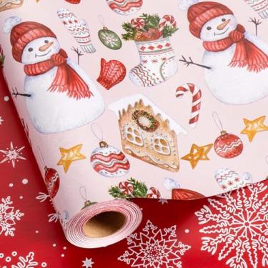 Imagem de MAYPLUSS Rolo de papel de embrulho de Natal - 43 cm x 80 metros - Bonito boneco de neve, chapéu de Natal, luvas reversíveis, papel de embrulho de floco de neve, papel de embrulho grosso para festas de