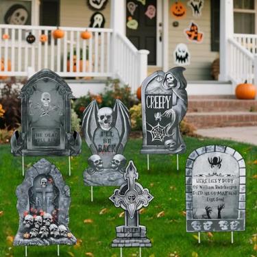 Imagem de VQOIHP Sinais de pátio de lápide de Halloween com estacas, design grande de cemitério assustador, 6 peças, jardim ao ar livre, decoração de gramado, decorações de gramado ao ar livre para adereços de