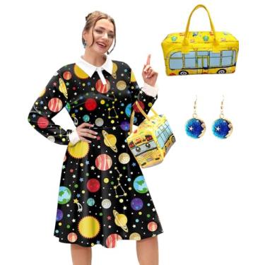 Imagem de Womens Halloween Dress Sets Adult Plus Size Long Sleeve Ms. Frizlee Cosplay Costume with Handbag Earrings Black 3XL