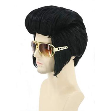 Imagem de LeMarnia Peruca masculina de fantasia e óculos, preta, curta, discoteca, peruca de cantor de rock dos anos 50 para festa à fantasia de Halloween, peruca cosplay