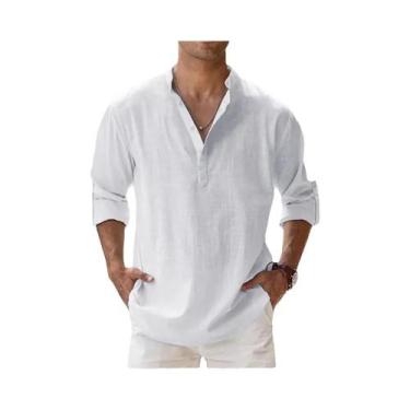 Imagem de Camisas De Verão Casuais Masculinas Em Algodão E Linho Com Gola Henley
