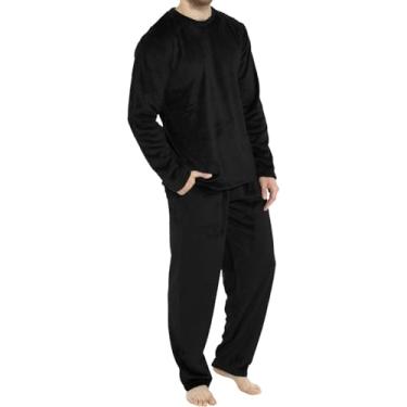 Imagem de Pijama De Lã Para Homens Longo Inverno Quente Conjunto De Pijama De Duas Peças Para Homens Pijamas De Manga Longa Terry Cloth Para Homens Com Bolsos, Black, 3XL