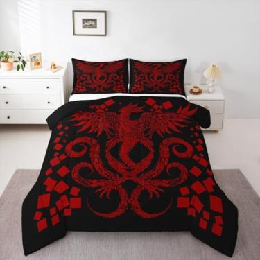 Imagem de Feelyou Conjunto de edredom casal com dragão mágico vermelho para crianças, meninos, meninas, fantasia escura, edredom para decoração de quarto de microfibra, 3 peças com 2 fronhas