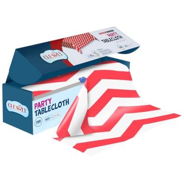 Imagem de Toalha de mesa de plástico transparente Chevron vermelha com cortador, 423 pés quadrados (132 x 2,999 cm), capa de mesa descartável extra grande para piquenique, toalha de mesa de plástico descartável