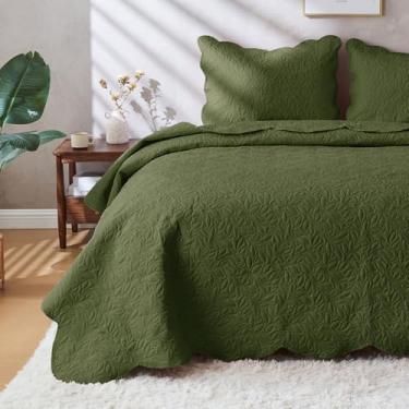 Imagem de JYHOPE Conjunto de cama de solteiro, edredom de verão, 1 edredom e 2 fronhas, colcha de microfibra leve e macia para todas as estações (estampa de folhas - verde-oliva, king (102 x 90))