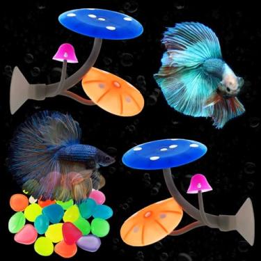 Imagem de kaimenhong 2 peças de rede de cogumelo de peixe Betta com 30 pedras luminosas, cama de descanso para peixes de aquário, cama de descanso de aquário de silicone com ventosa, decoração realista colorida