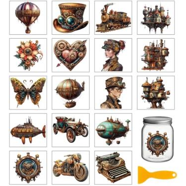 Imagem de GLOBLELAND 18 folhas vintage steampunk esfregar em máquinas de metal carros à prova d'água UV DTF envoltórios de copo adesivos de balão de ar quente para garrafa de vidro de água artesanato