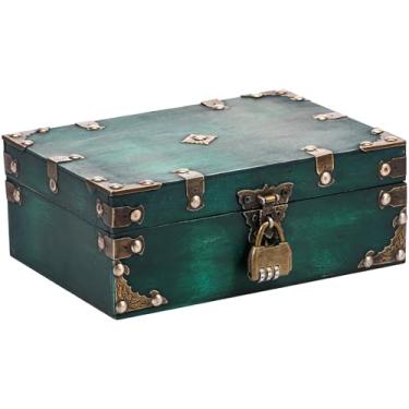 Imagem de Baú de tesouro de madeira vintage, caixa de armazenamento de joias com trava de combinação, caixa de lembranças, organizador de recipientes de armazenamento de joias, caixas decorativas retrô
