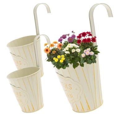 Imagem de DJAPWPX Vaso de metal para pendurar na parede, vaso de ferro, para varanda ao ar livre, vaso de flores com orifício de drenagem para cerca, varanda, decoração de casa, ambientes internos e externos