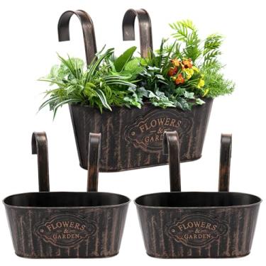 Imagem de 3 peças de plantador de flores de metal para pendurar em ferro para plantas ao ar livre – Caixa de plantador de varanda multifuncional com ganchos removíveis e orifícios de drenagem, cerca oval para