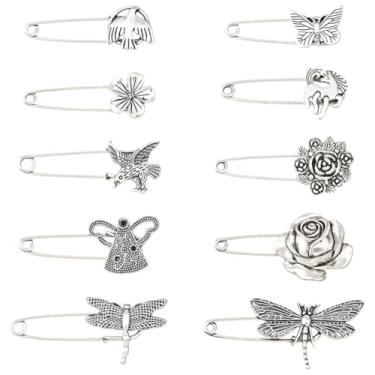 Imagem de SUNNYCLUE 20 peças, 10 estilos, alfinetes de kilt prateados, alfinetes decorativos de metal, animal, planta, borboleta, flor, libélula, pássaros, unicórnios, broche de botão de aperto de cintura para