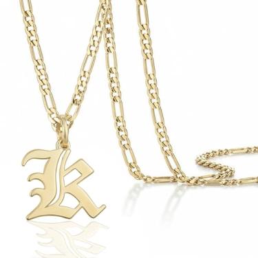 Imagem de Colar masculino com pingente de inicial banhado a ouro 14k Beleco – Colar com letra A-Z com corrente fígaro, joia com pingente de alfabeto de ouro personalizado em inglês antigo, Medium, Banhado a