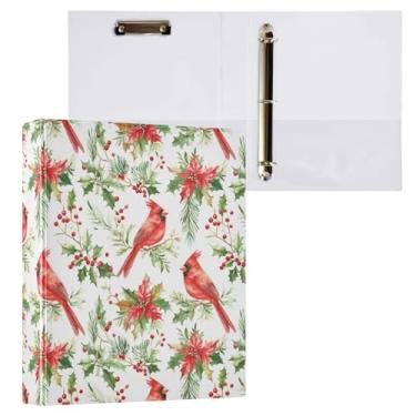 Imagem de Fichário de Natal vermelho pássaro verde folhas de baga sagrada 3 anéis fichário decorativo de 3,8 cm com prancheta e 3 bolsos transparentes, comporta 200 folhas de papel tamanho A4 fichários à prova