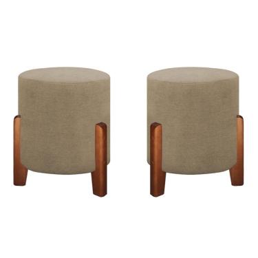 Imagem de Kit 2 Puff Luna Redondo Pés Em Madeira Maciça Tecido Linho Bege