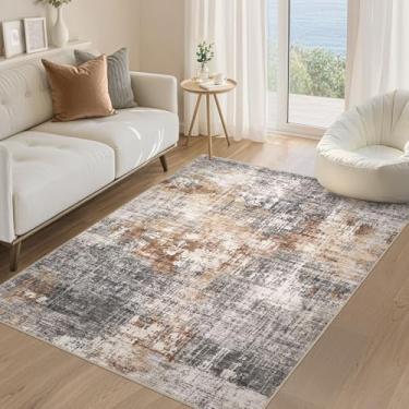 Imagem de DMOYEST Tapete de área para sala de estar - 10 x 15 abstrato pequeno macio tapete lavável neutro moderno tapete baixo para quarto, sala de jantar, casa de fazenda, escritório em casa - cinza marrom