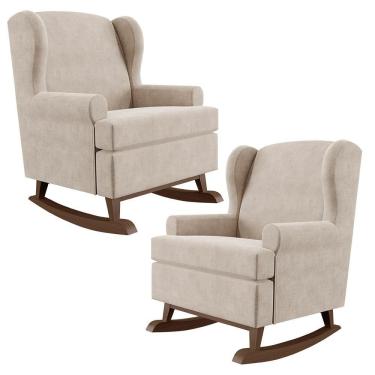 Imagem de Kit 02 Poltronas De Amamentação Com Balanço Malu Base De Madeira P02 Suede Bege - Lyam Decor