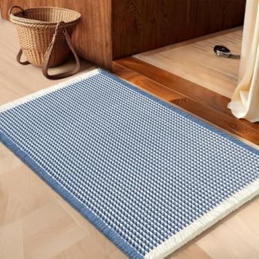 Imagem de IM HOME Tapete de banheiro waffle azul e creme 61 x 43 cm, tapetes de banho modernos de tecido boêmio, tapetes de banheiro absorventes antiderrapantes, tapetes de banho macios laváveis com borlas para