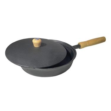 Imagem de Frigideira De Ferro Grill Com Cabo Em Madeira Com Tampa 22Cm