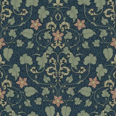 Imagem de VEELIKE Papel de parede floral vitoriano vintage William Morris pré-colado 48 cm x 354 cm papel de contato autoadesivo Morris papel de parede flor damasco para quarto, banheiro, sala de estar