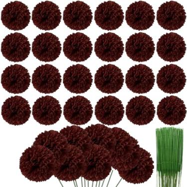 Imagem de HinyoCo 36 peças de crisântemos artificiais com cabeças de flores, buquê de bola de crisântemo de seda, buquês brancos de hortênsia para casa, escritório, cafeteria, festas e casamentos (vermelho