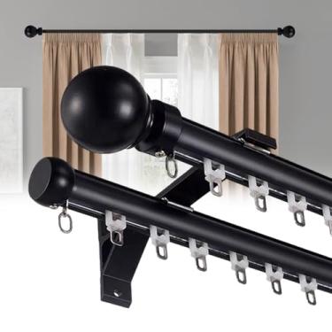 Imagem de Varões de cortina duplos para janelas, suportes de liga de alumínio finos de haste dupla resistente com trilho decorativo de acabamento redondo para quarto/sala de estar/janela/hotel (preto, 0,5 m))