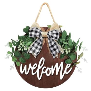 Imagem de CREATCABIN Sinais redondos de boas-vindas de casa de fazenda para porta da frente Guirlandas de boas-vindas rústicas com laço de folhas artificiais decorações de madeira pendurado varanda de