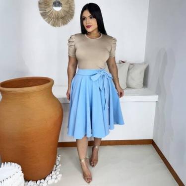 Imagem de Saia Midi Godê Moda Evangélica Feminina - Miss Flower, Azul claro, GG
